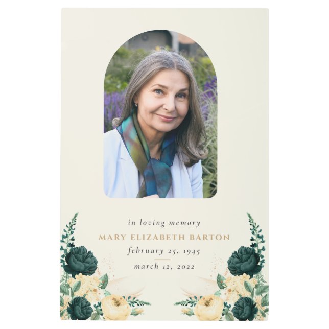 Elegant Memorial Photo Floral Teal Cream Metal Print (Front)