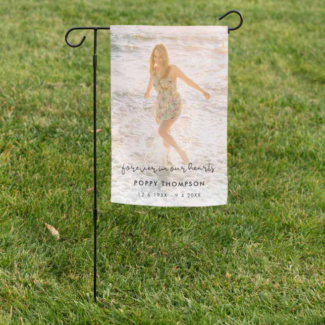 Elegant Memorial Photo | Forever in our Hearts Garden Flag | Zazzle