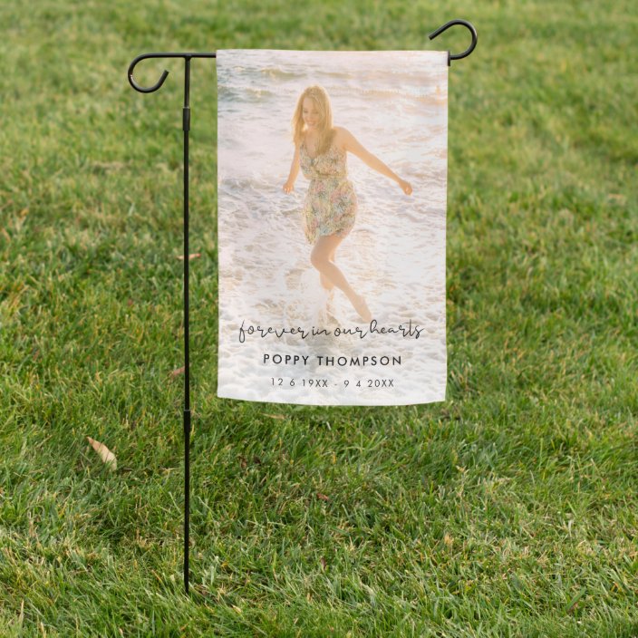 Elegant Memorial Photo | Forever in our Hearts Garden Flag | Zazzle.com