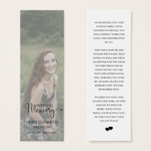 Elegant Memorial Photo Funeral Poem Bookmark