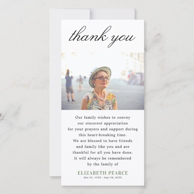 Elegant Memorial Photo Thank You Note Announcement (Front)