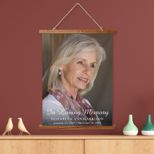 Elegant Memorial Photo White Script Overlay Hanging Tapestry