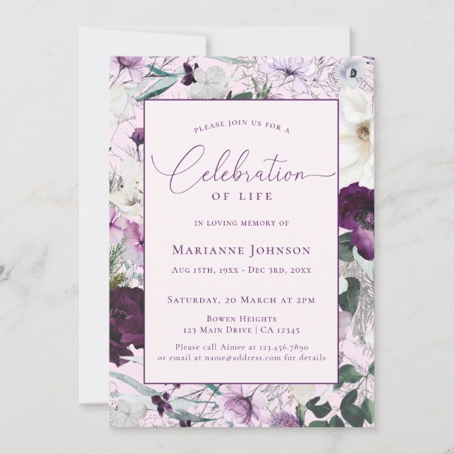 Elegant Memorial Pink Floral Celebration of Life Invitation (Front)