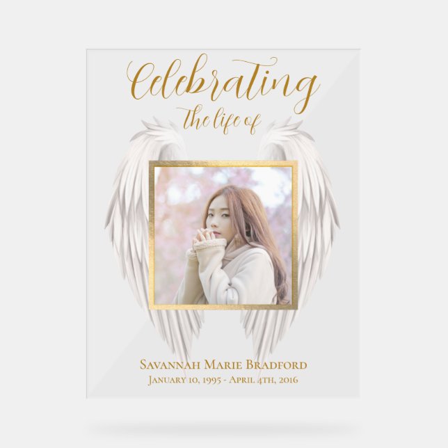 Elegant Memorial Service Wings Photo Acrylic Sign (Front)