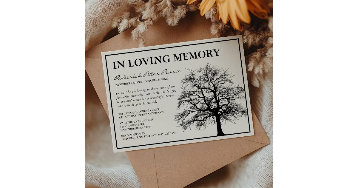 Elegant Memorial Tree | Funeral Service Invitation | Zazzle