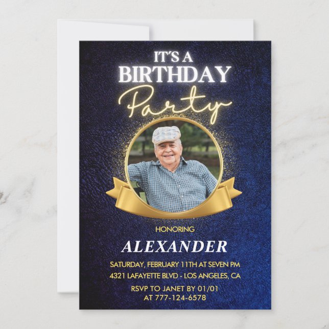 Elegant Men Navy Photo 84th birthday Invitation (Front)