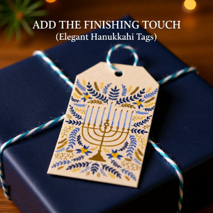 Elegant Menorah & Blue Floral Hanukkah Gift Tags