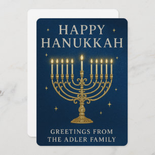 Elegant Menorah, Stars & Royal Blue Hanukkah Holiday Card