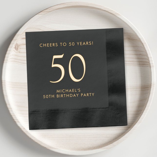 Elegant Mens 50th Birthday Party Foil Napkins (Elevate his 50th birthday party decor with these classic and elegant black and gold foil napkins)