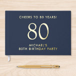 Elegant Mens 80th Birthday Party Blue Foil Guest Book<br><div class="desc">Elevate his 80th birthday party with this elegant dark navy blue guestbook that features your choice of genuine gold or silver foil,  "Cheers to 80 Years" and his name in simple,  modern lettering,  Personalize the title on the spine.</div>