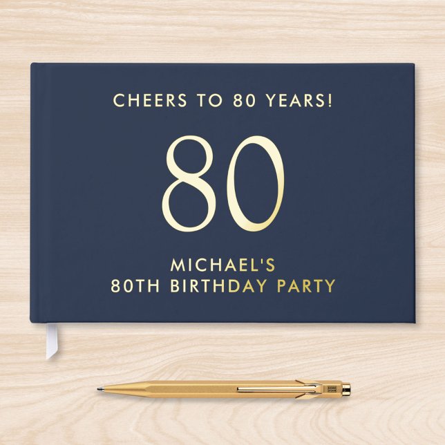 Elegant Mens 80th Birthday Party Blue Foil Guest Book (Creator Uploaded)