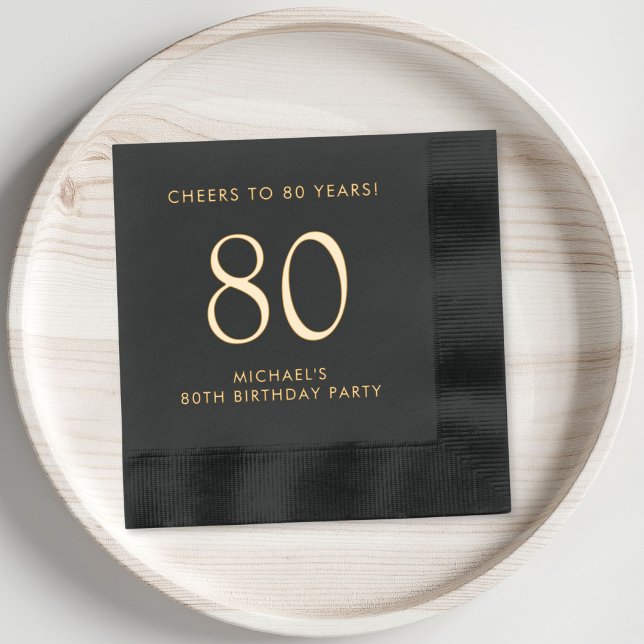 Elegant Mens 80th Birthday Party Foil Napkins (Elevate his 80th birthday party decor with these classic and elegant black and gold foil napkins)
