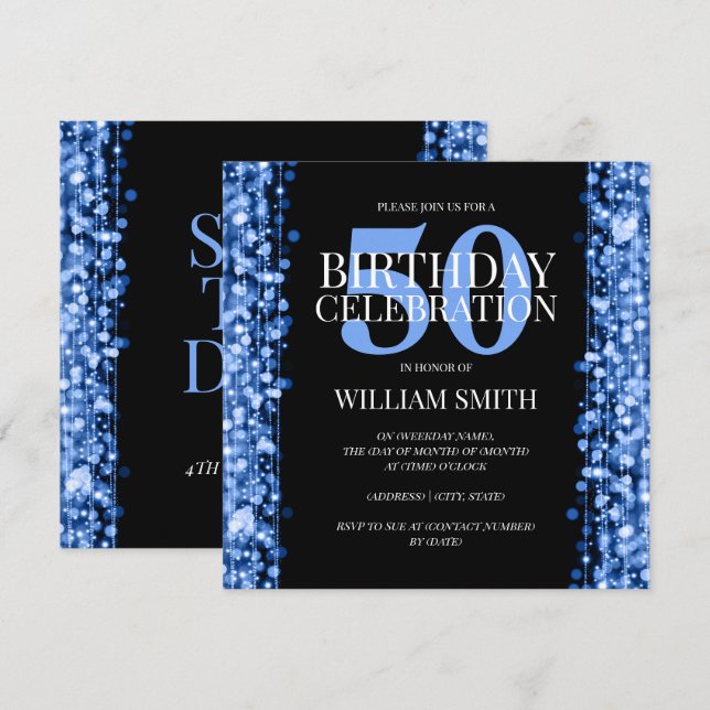 Elegant Mens Birthday Party Sparkles Blue Invitation (Front/Back)