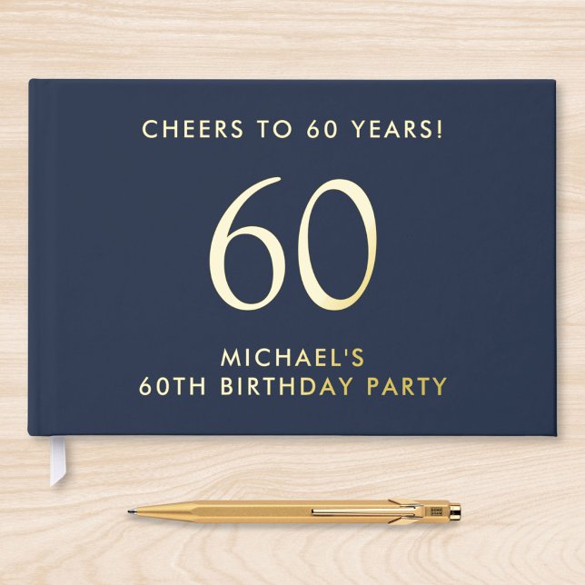 Elegant Mens Blue 60th Birthday Party Foil Guest Book (Creator Uploaded)