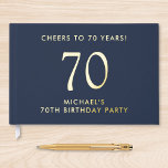 Elegant Mens Blue 70th Birthday Party Foil Guest Book<br><div class="desc">Elevate his 70th birthday party with this elegant dark navy blue guestbook featuring your choice of genuine gold or silver foil,  "Cheers to 70 Years" and his name in modern lettering,  Personalize the title on the spine.</div>