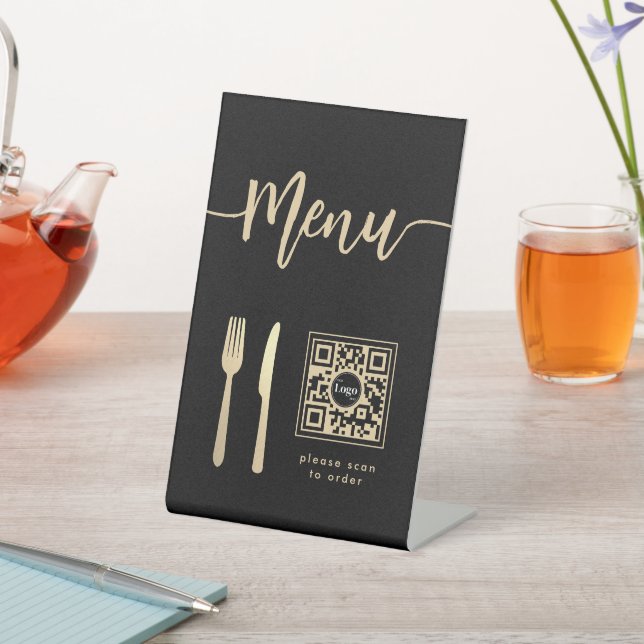Elegant Menu Script Gold Knife & Fork QR Code  Pedestal Sign (In SItu)