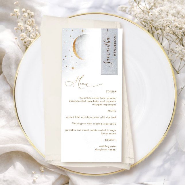 Elegant Menu with Guest Name, Celestial Moon Stars (Creator Uploaded)