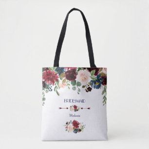 Elegant Merlot Navy Blue Floral Bridesmaid Tote Bag