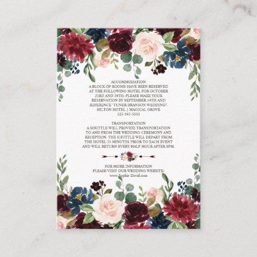 Elegant Merlot Navy Blue Floral Wedding Details Enclosure Card