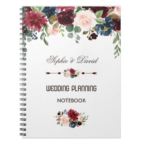 Elegant Merlot Navy Blue Floral Wedding Planner Notebook