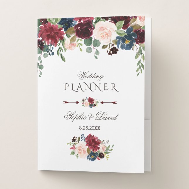 Elegant Merlot Navy Blue Floral Wedding Planner Pocket Folder (Front)