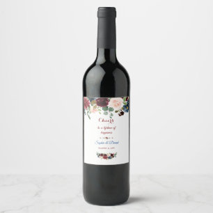 Elegant Merlot Navy Blue Floral Wedding Wine Label