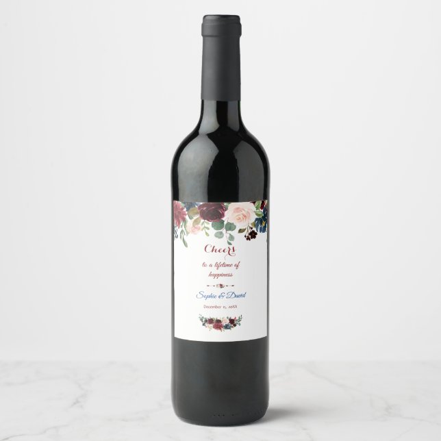 Elegant Merlot Navy Blue Floral Wedding Wine Label (Front)