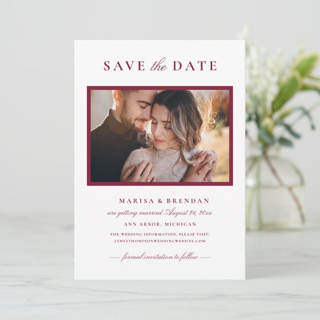 Elegant Merlot Red Photo Frame Wedding Save The Date (Standing Front)
