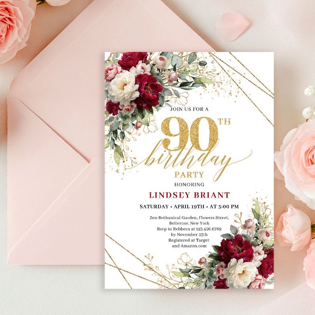 Elegant Merlot Rose Gold 90th Birthday Invite (Elegant Merlot Rose Gold 90th Birthday Invite)