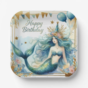 Elegant Mermaid Birthday Blue Gold Floral Paper Plates