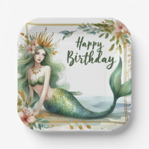 Elegant Mermaid Birthday Green Gold Floral Paper Plates