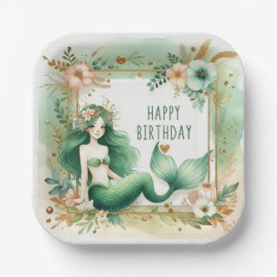 Elegant Mermaid Birthday Green Gold Floral Paper Plates