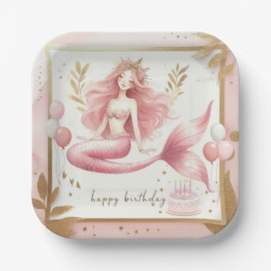Elegant Mermaid Birthday Pink Gold Floral Paper Plates