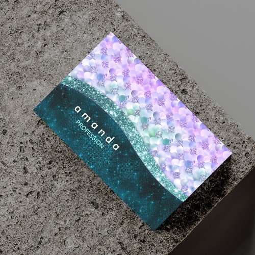 elegant mermaid iridescent faux glitter monogram business card magnet