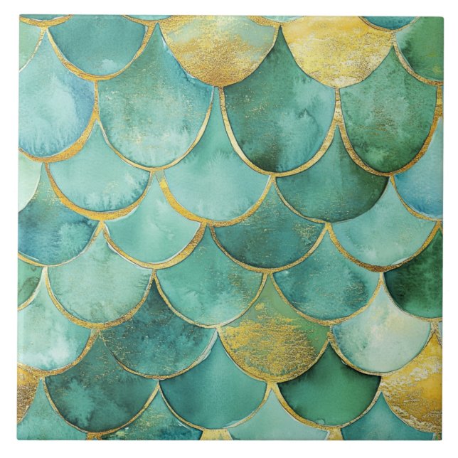 Elegant Mermaid Scales in Teal and Gold Seamless Ceramic Tile (Front)