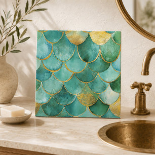 Elegant Mermaid Scales in Teal and Gold Seamless Ceramic Tile