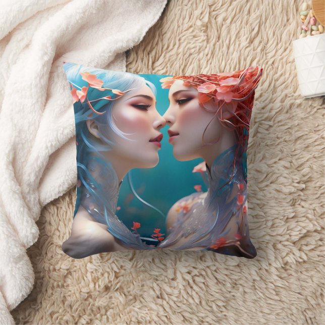 Elegant Mermaids Embracing Underwater Blossoms Throw Pillow (Blanket)