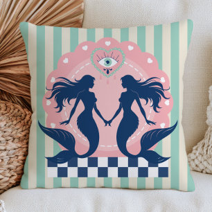 Elegant Mermaids on Mint Stripes Pastel Nautical Throw Pillow