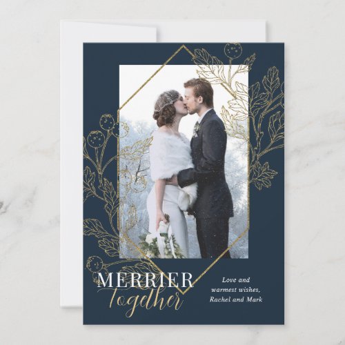 Elegant Merrier Together Newlywed Christmas Photo Holiday Card