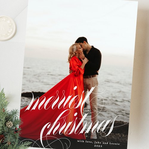 Elegant Merriest Christmas Calligraphy One Photo Holiday Card