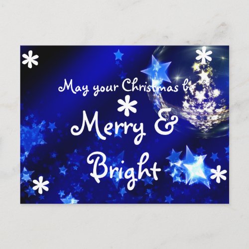Elegant Merry and Bright Christmas Blue Stars Holiday Postcard