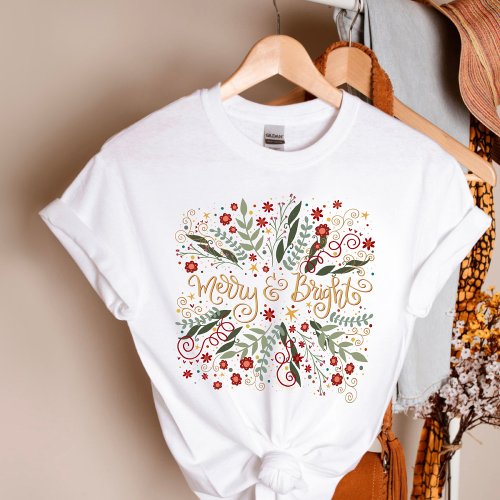 Elegant Merry and Bright Floral Christmas Holiday T_Shirt