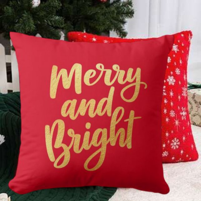 Elegant Merry and Bright - Gold Script Holiday Throw Pillow (Merry and Bright pillow)