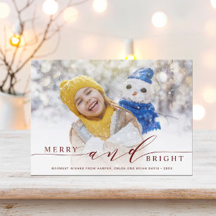 Elegant Merry and Bright Red Script Photo Holiday Card