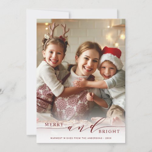 Elegant Merry and Bright Red Script Photo Holiday Card