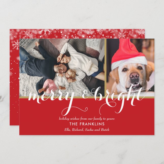 Elegant Merry and Bright Script 2 Photos Christmas Holiday Card (Front/Back)