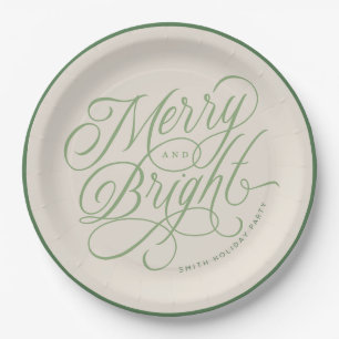 Elegant Merry and Bright script holiday custom Paper Plates