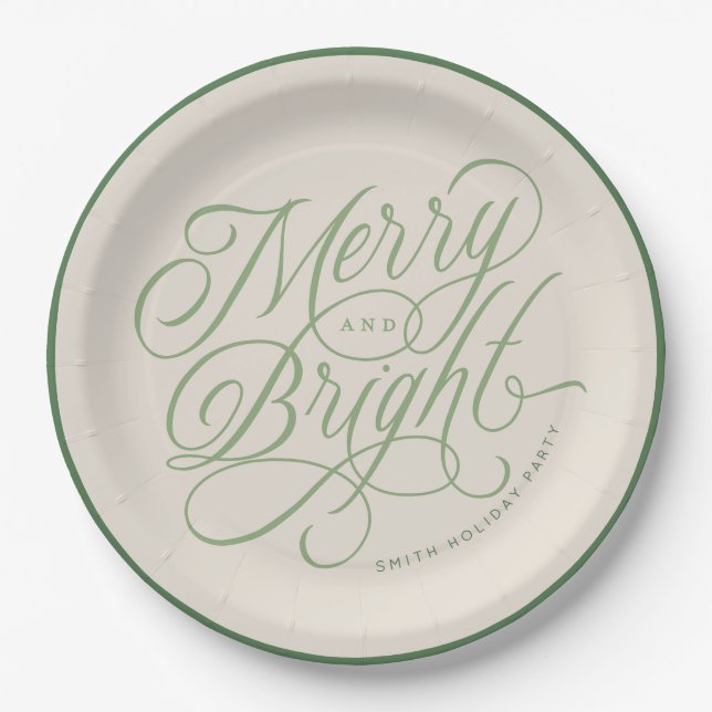 Elegant Merry and Bright script holiday custom Paper Plates (Front)