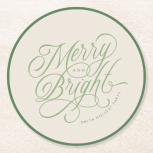 Elegant Merry and Bright script holiday custom Round Paper Coaster