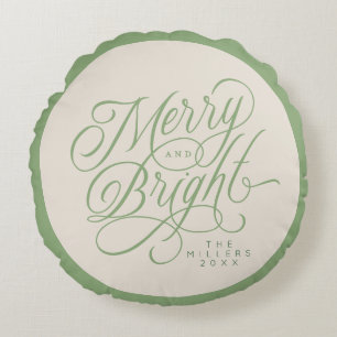 Elegant Merry and Bright script holiday custom Round Pillow